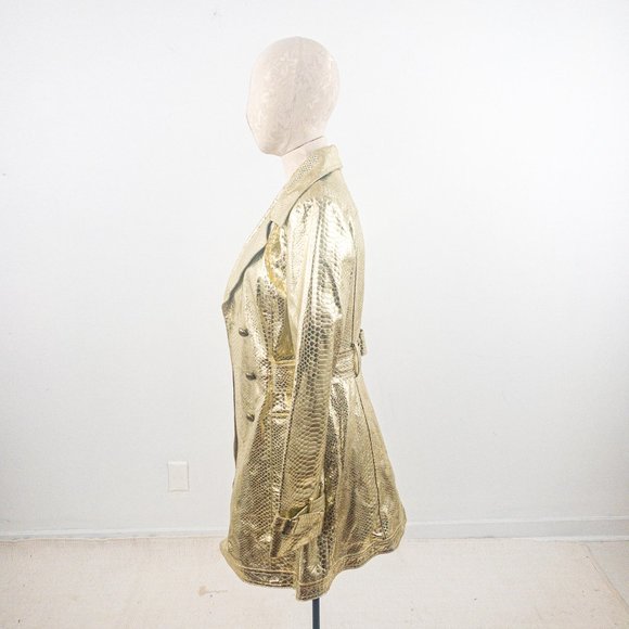 Vintage 90s S Real Leather Gold Croc Print Coat - Picture 7 of 10